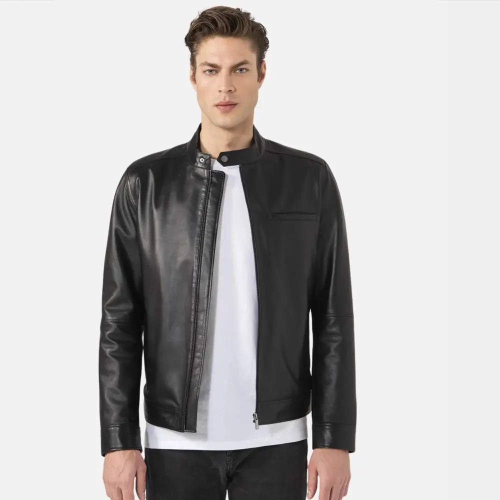 Men’s Black Leather Zip-Up Racer Jacket