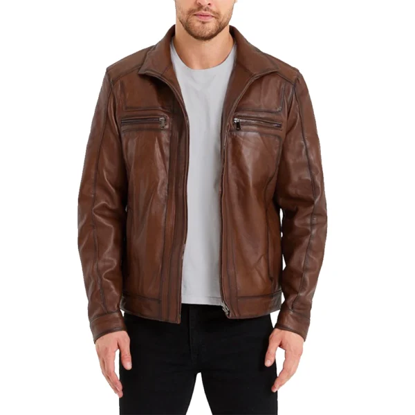 Men Waxed Bomber Brown Leather Jacket