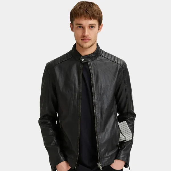 Classic Men’s Black Leather Biker Jacket with Quilted Shoulders