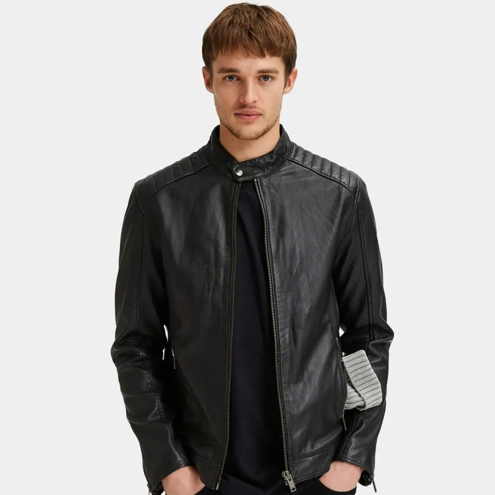 Classic Men’s Black Leather Biker Jacket with Quilted Shoulders