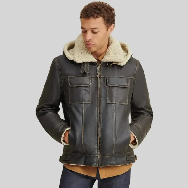 Distressed Leather Aviator Jacket with Sherpa Hood