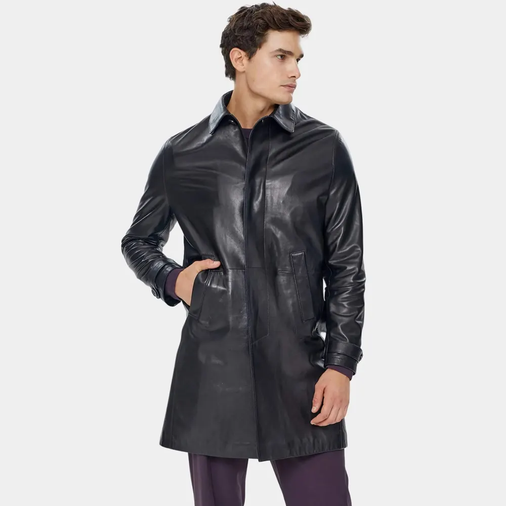 John Lambskin Leather Trench Coat for Men