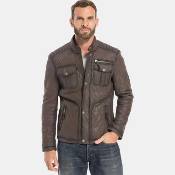 Leo Men’s Trucker Quilted Lining Leather Jacket