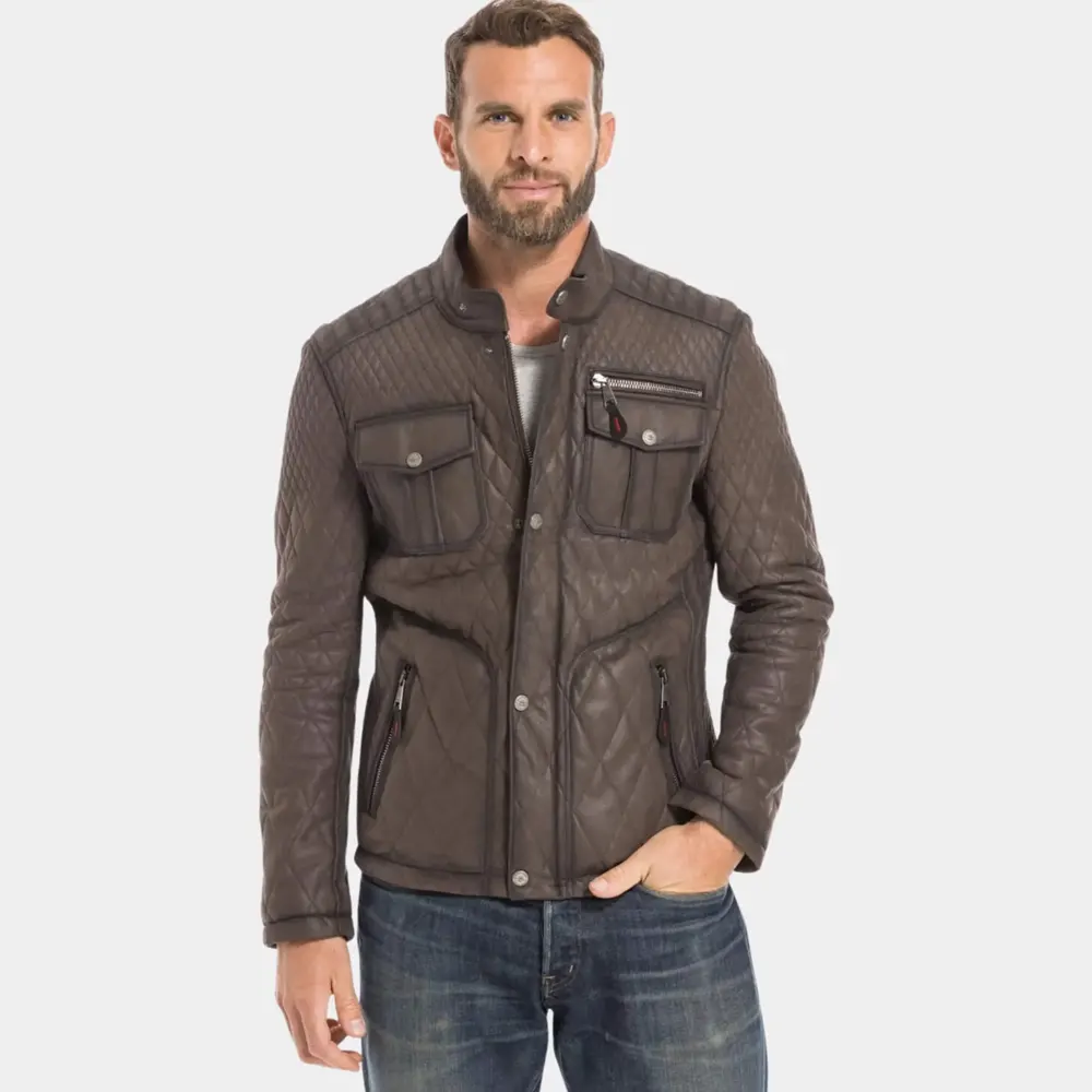 Leo Men’s Trucker Quilted Lining Leather Jacket