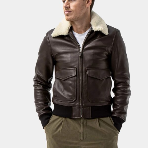 Levi Beige Brown Leather Bomber Jacket With Shearling Collar