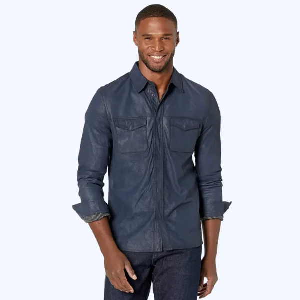 Men Casual Navy Blue Leather Shirt with Long Sleeve