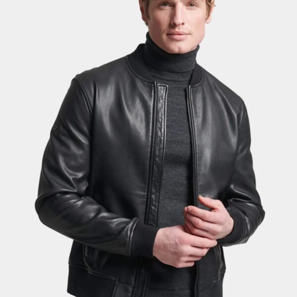 Classic Black Leather Bomber Jacket