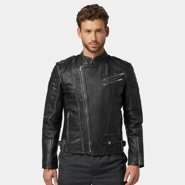 Men’s Black Asymmetrical Leather Motorcycle Jacket