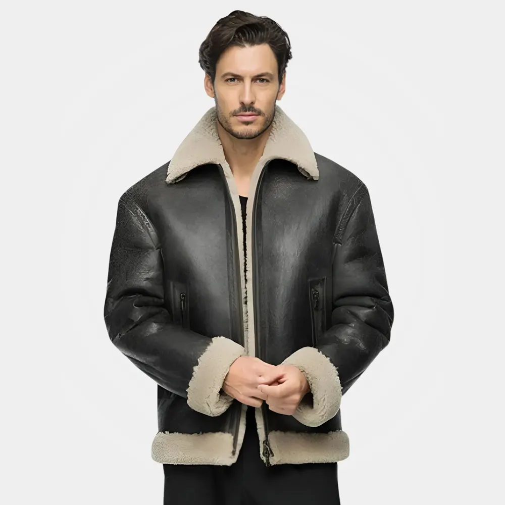 Men’s Black Aviator Shearling-Lined Leather Jacket
