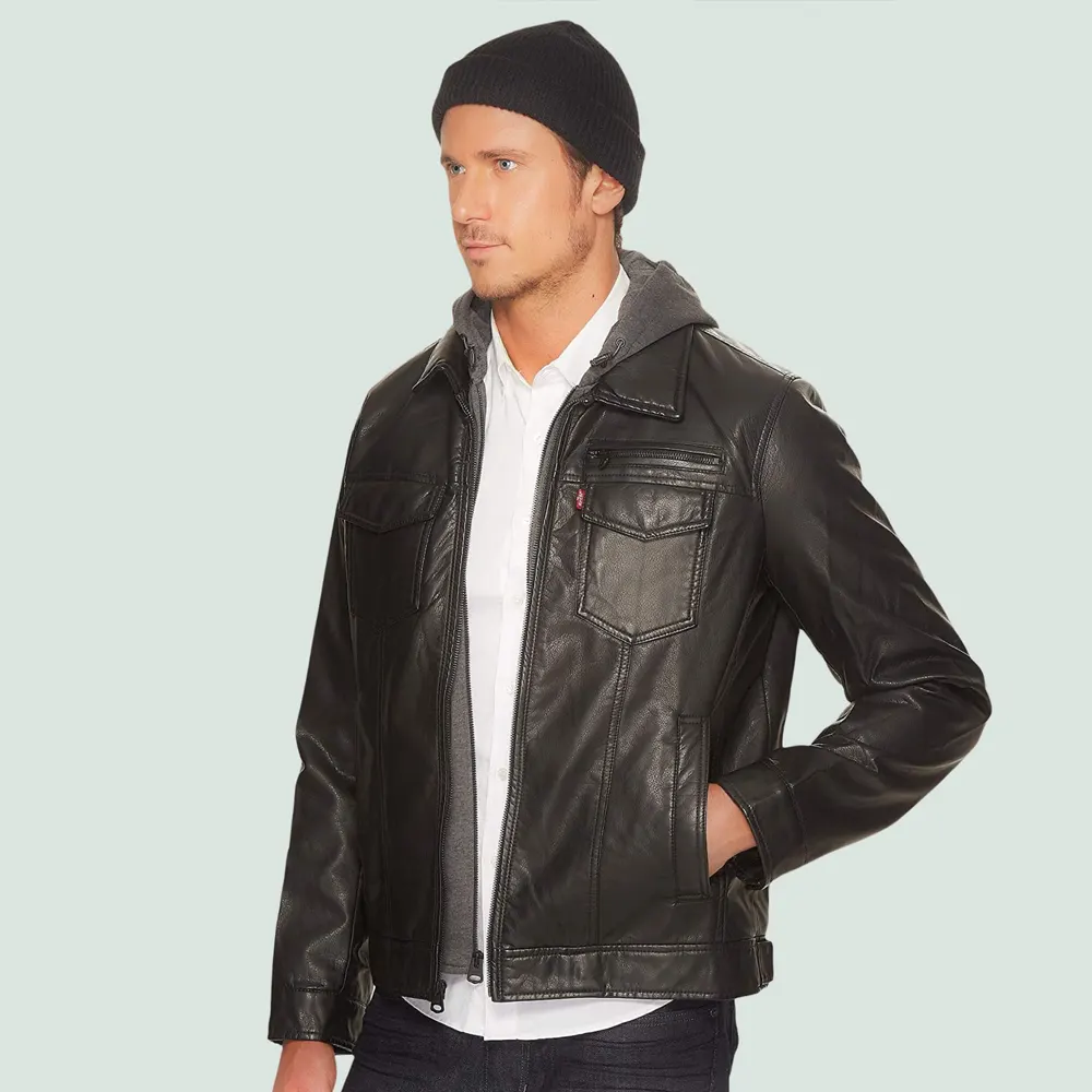 Men’s Black Faux Leather Trucker Jacket with Removable Jersey Hood