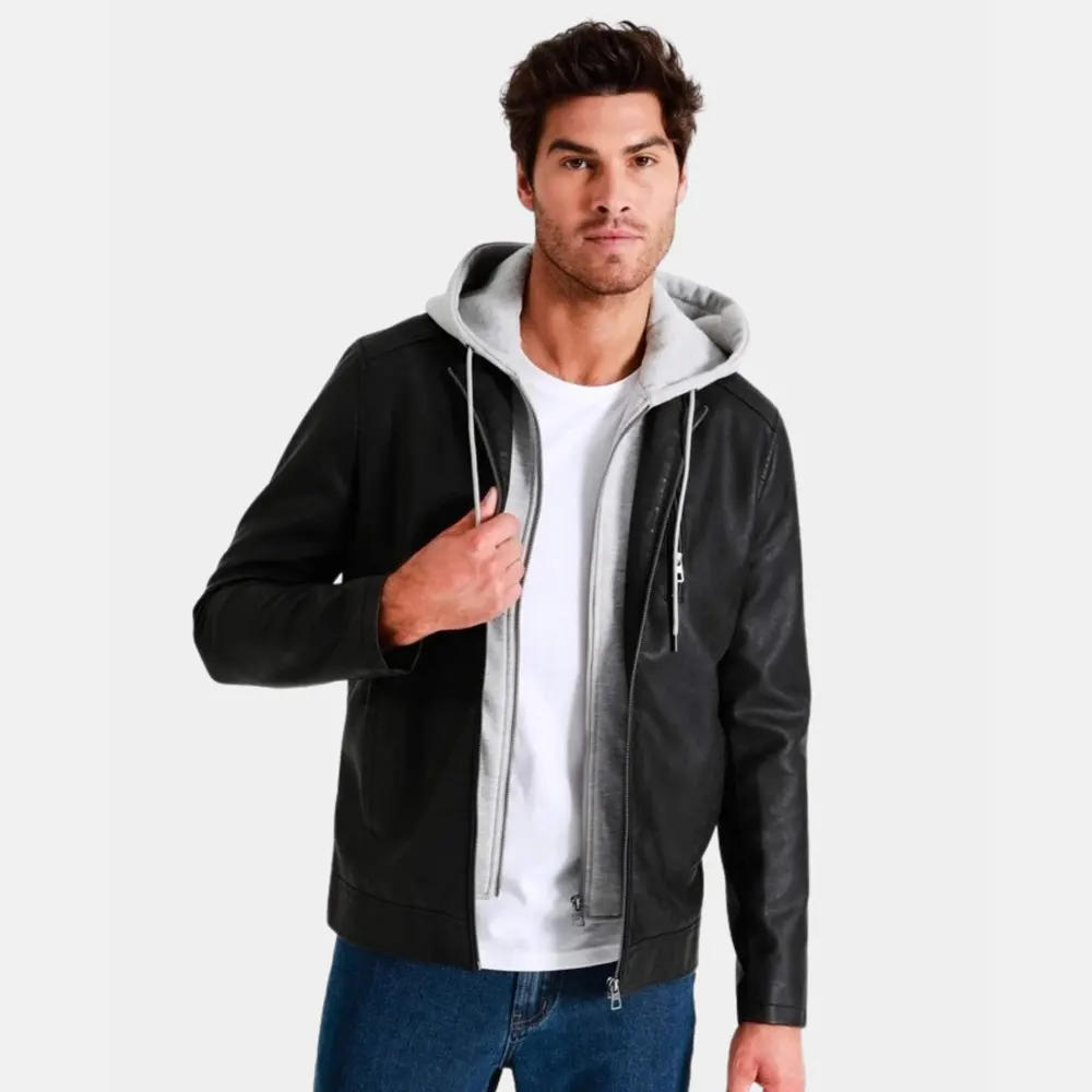 Men’s Black Hooded Leather Jacket with Attached Gray Hoodie