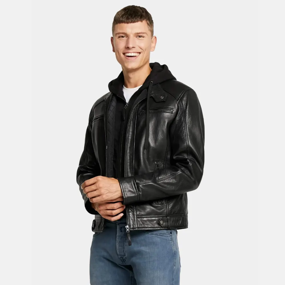 Men’s Black Hooded Moto Leather Jacket with Removable Zip-Out Hoodie