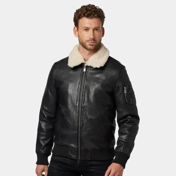 Men’s Black Leather Bomber Jacket with Shearling Collar