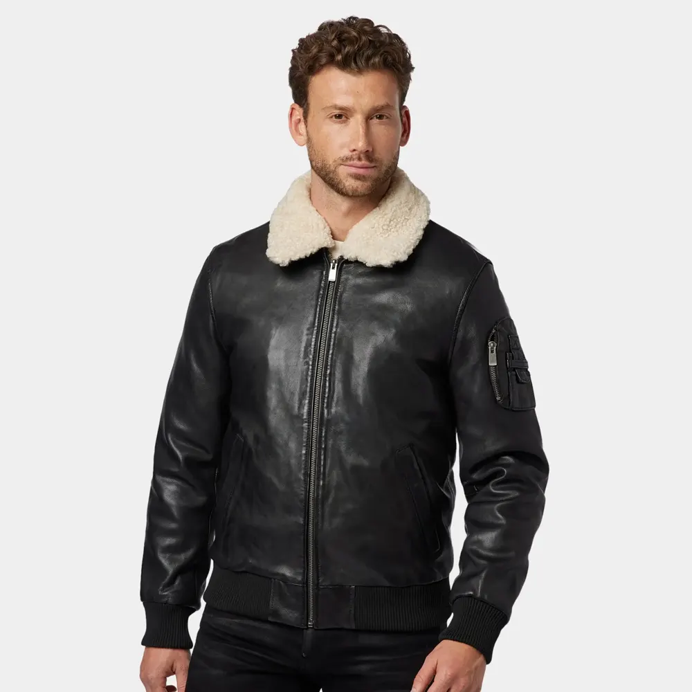 Men’s Black Leather Bomber Jacket with Shearling Collar