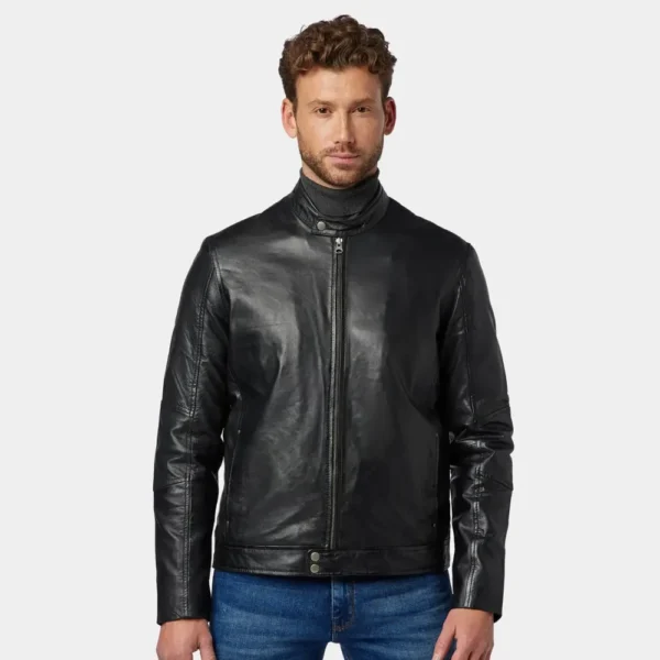 Men’s Black Leather Café Racer Jacket with Minimal Design