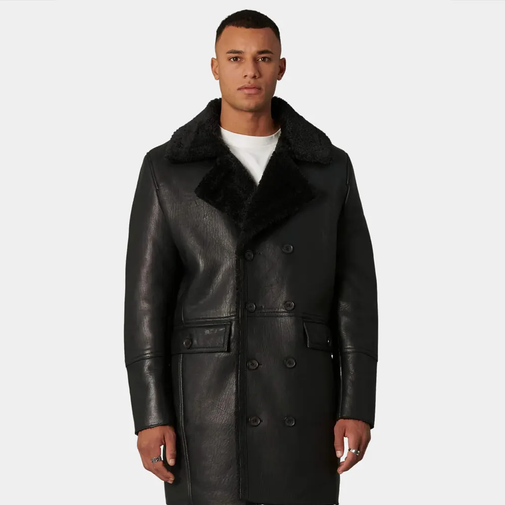 Men's Black Leather Double Breasted Shearling Trench Coat