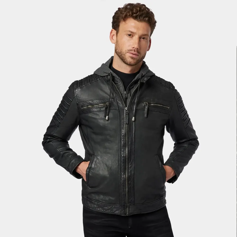 Men’s Black Leather Hooded Cafe Racer Jacket