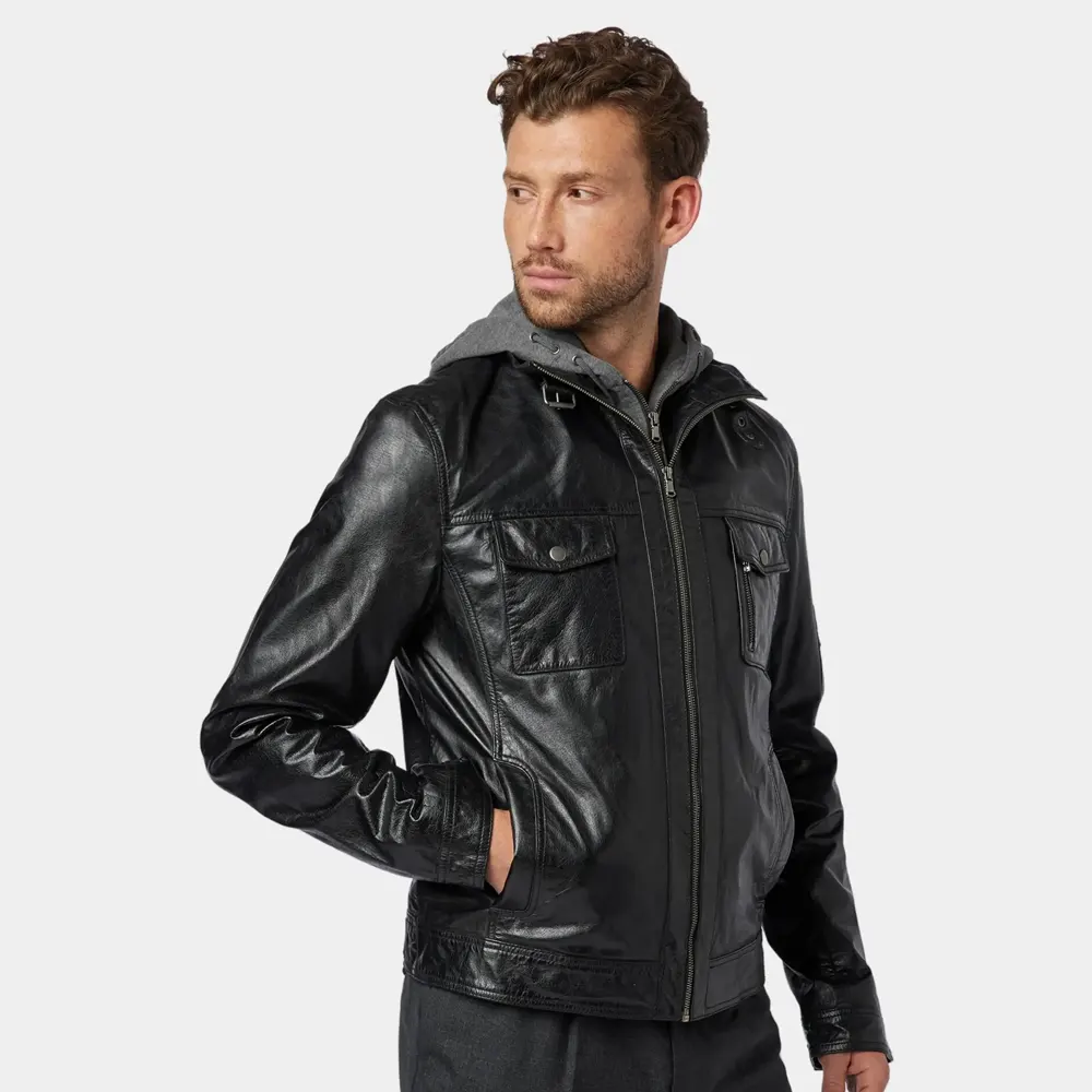 Men’s Black Leather Utility Jacket with Hoodie