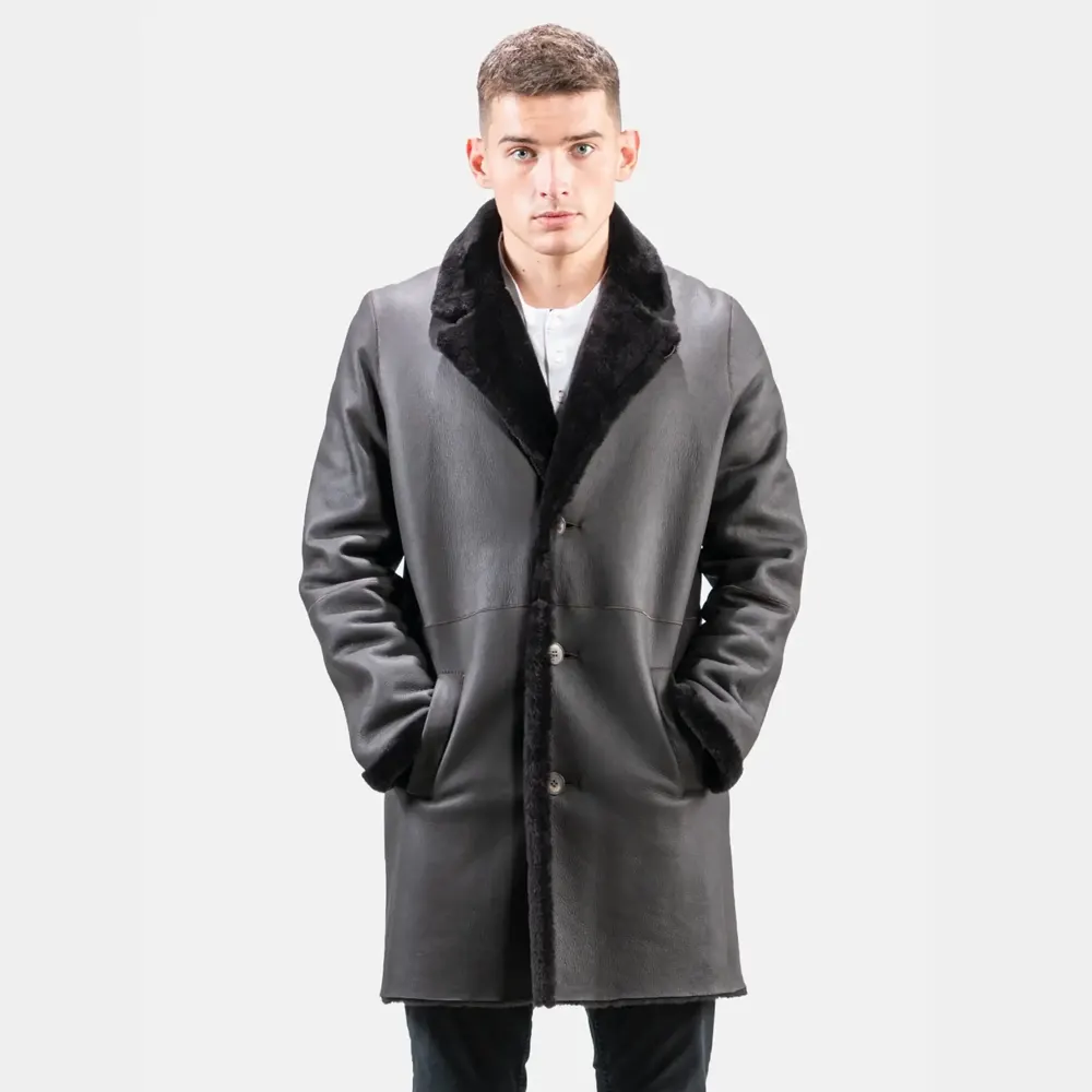 Men’s Black Shearling Leather Trench Coat Full Length
