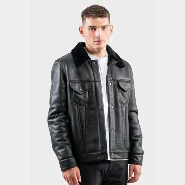 Men’s Black Shearling-Lined Leather Trucker Jacket