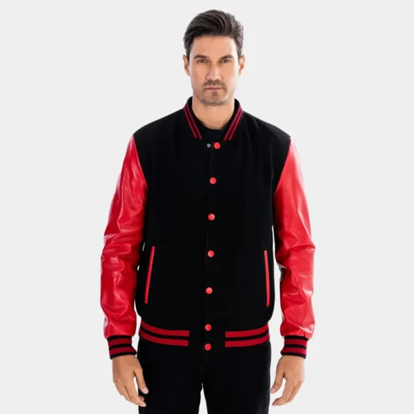 Men’s Black and Red Varsity Jacket with Leather Sleeves