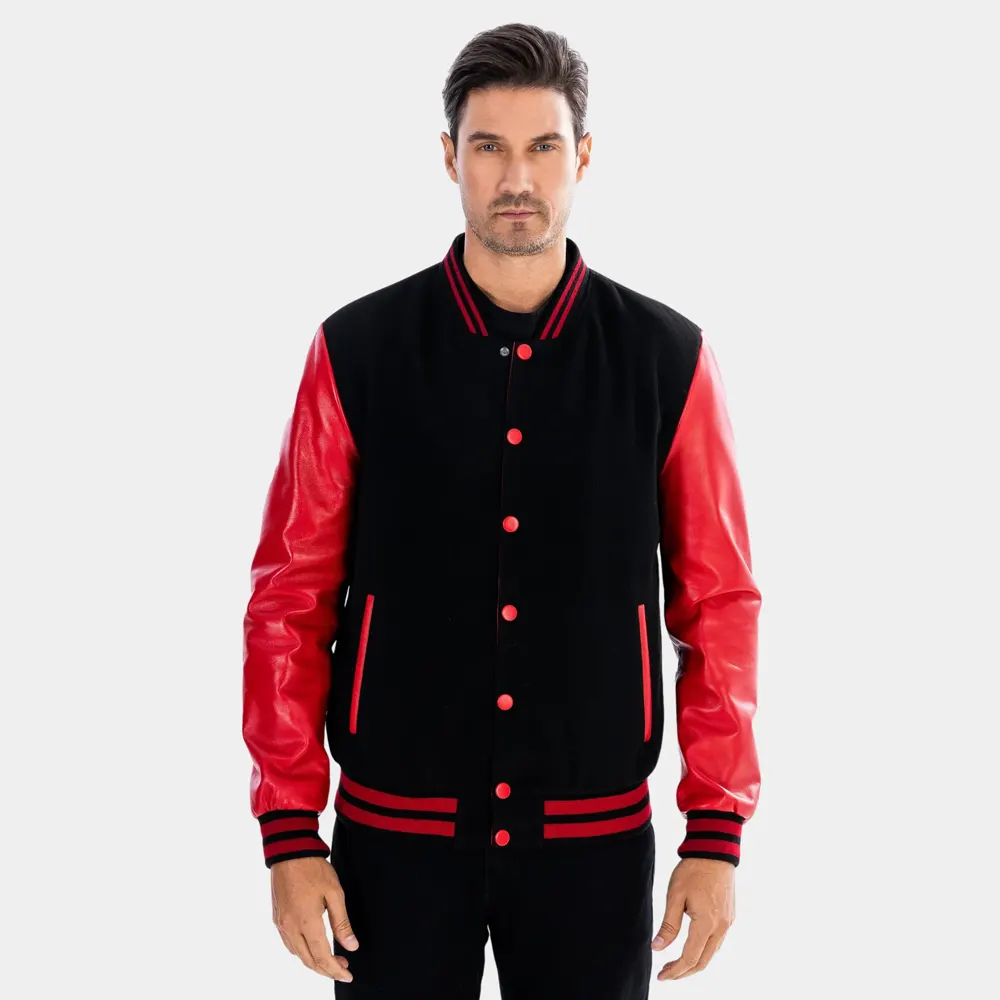 Men’s Black and Red Varsity Jacket with Leather Sleeves
