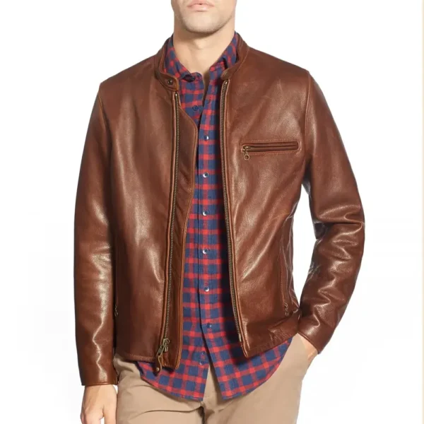 Men’s Brown Café Racer Leather Jacket Waxed Cowhide