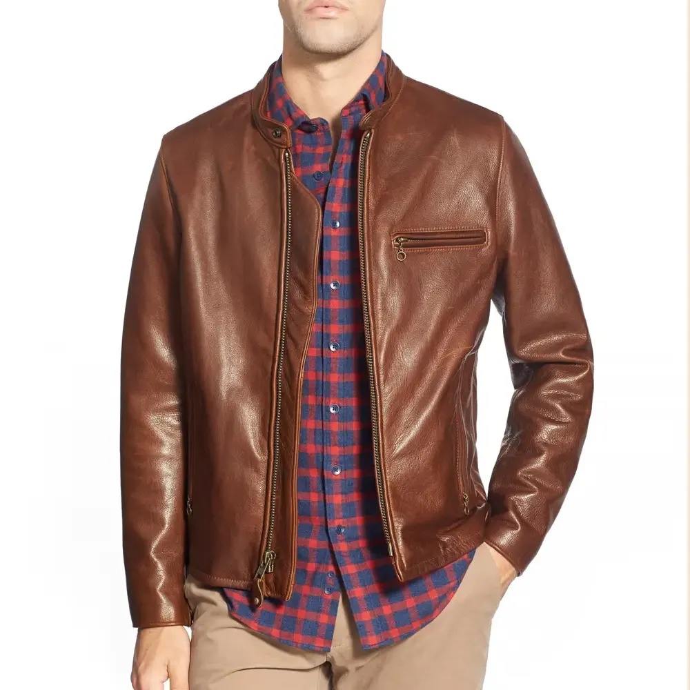 Men’s Brown Café Racer Leather Jacket Waxed Cowhide