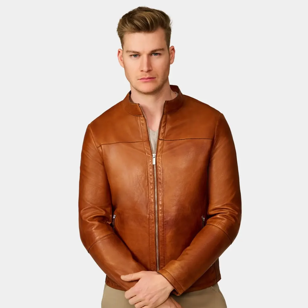 Men’s Brown Leather Bomber Jacket Zip-Up Design