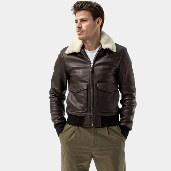 Men’s Brown Leather Bomber Jacket with Shearling Collar