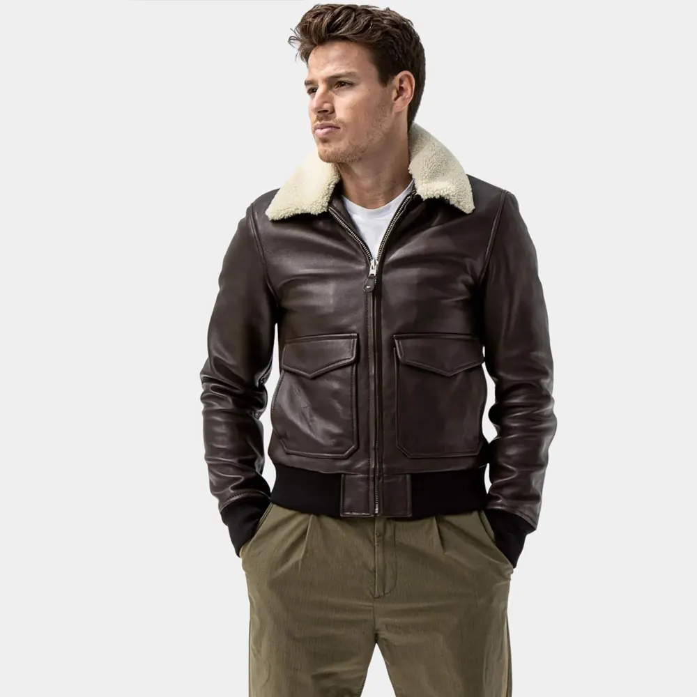 Men’s Brown Leather Bomber Jacket with Shearling Collar