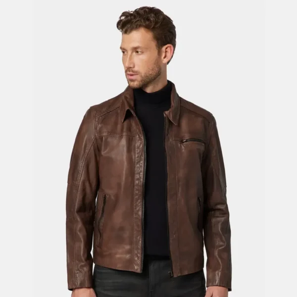 Men’s Brown Leather Trucker Jacket with Classic Zip-Up Style