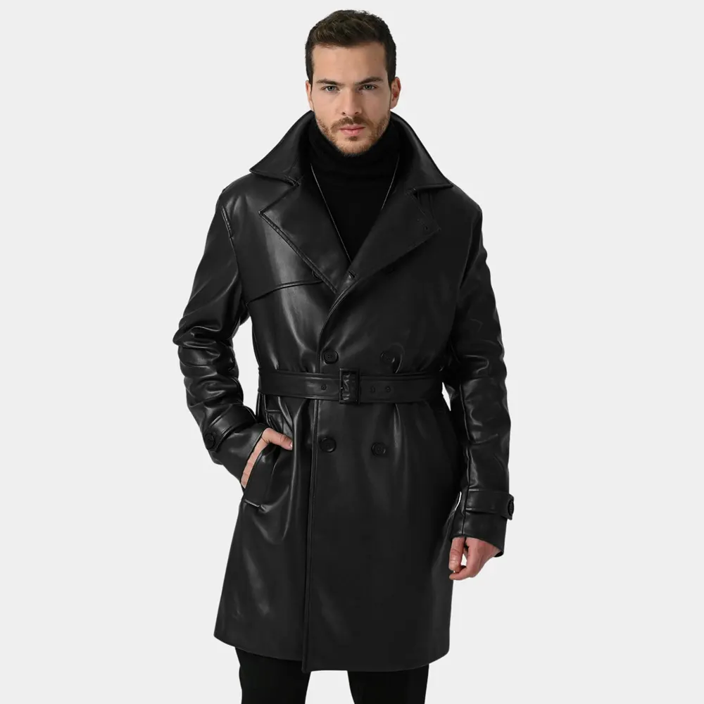 Men’s Classic Black Double-Breasted Leather Trench Coat