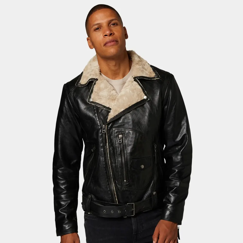 Men’s Classic Black Leather Biker Jacket With Fur Collar