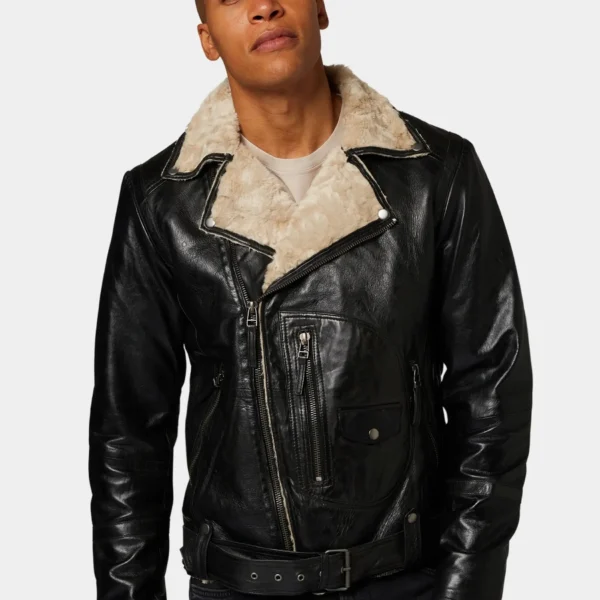 Classic Black Leather Biker Jacket With Fur Collar
