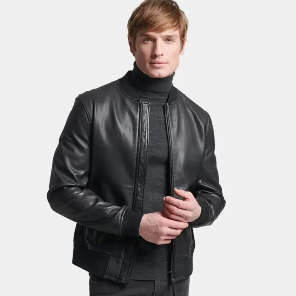 Men’s Classic Black Leather Bomber Jacket
