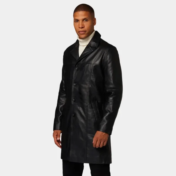 Men’s Classic Black Leather Overcoat with Lapel Collar