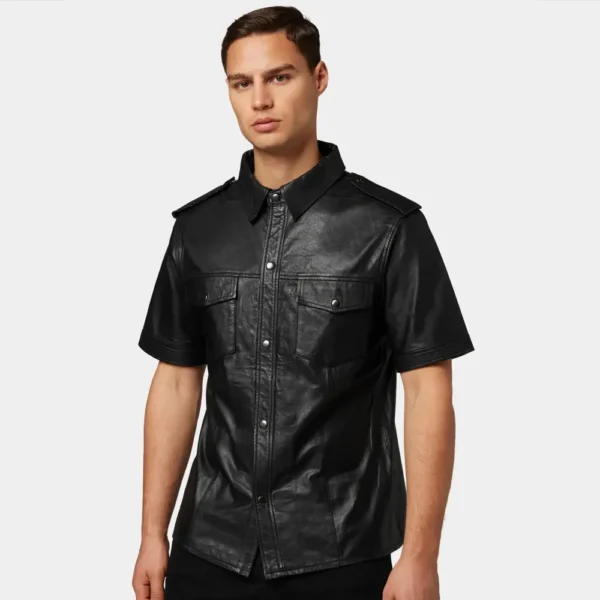 Men’s Classic Black Leather Short Sleeve Shirt