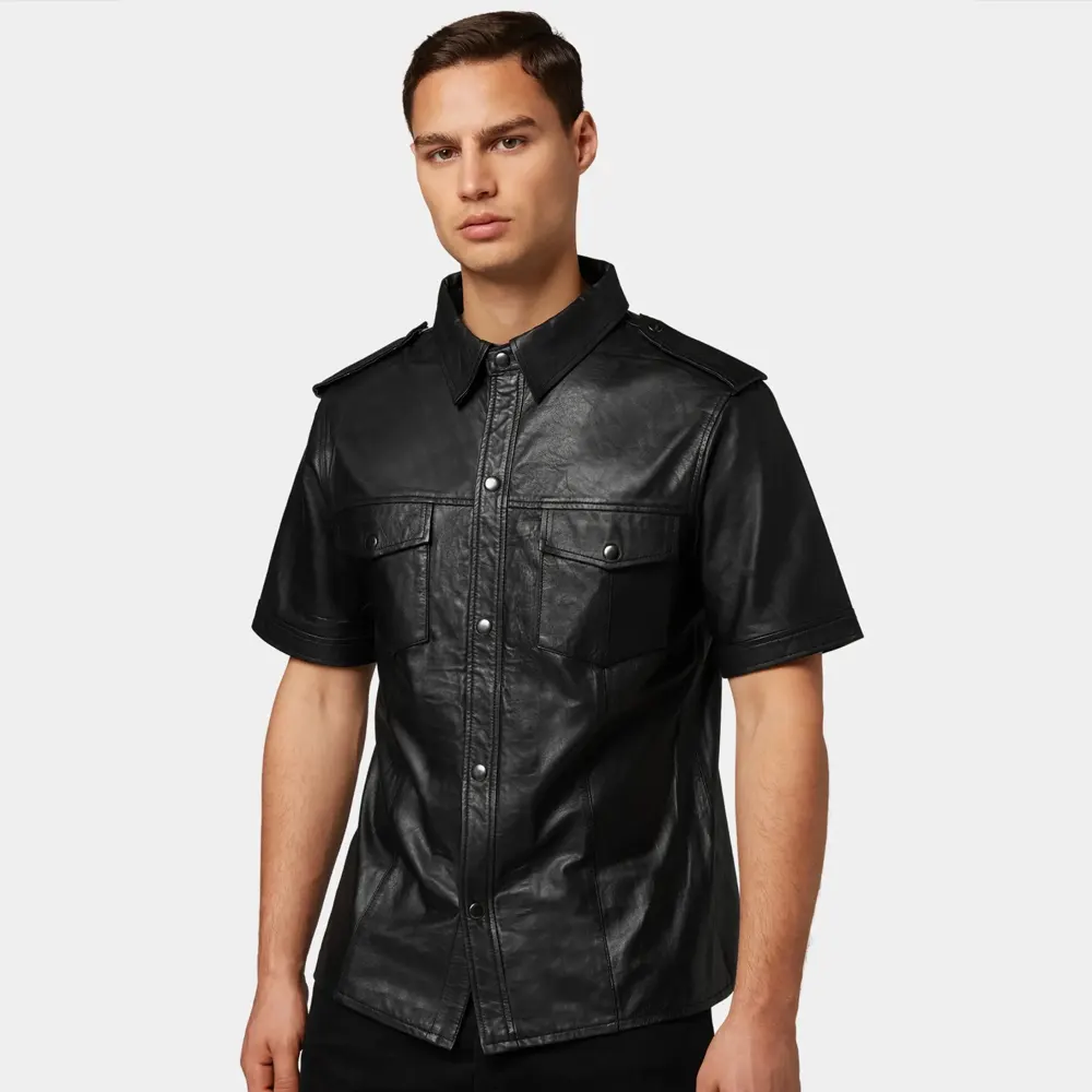 Men’s Classic Black Leather Short Sleeve Shirt