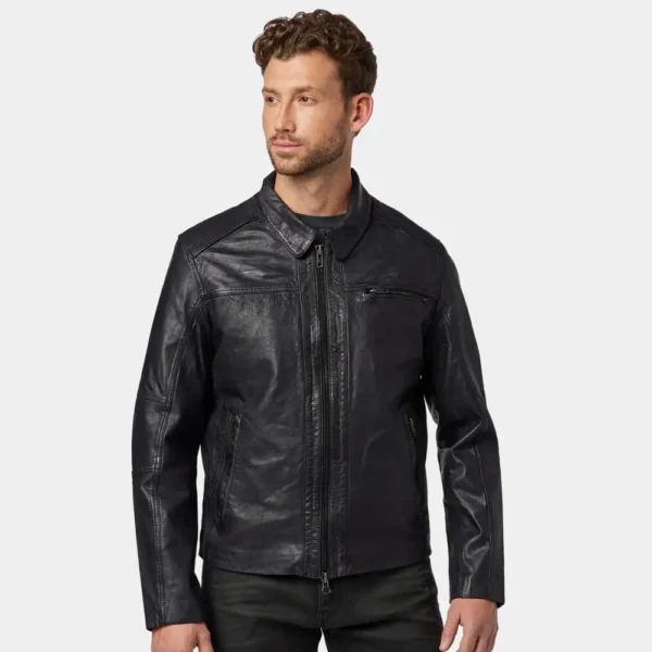 Men’s Classic Black Leather Trucker Jacket with Zippered Pockets
