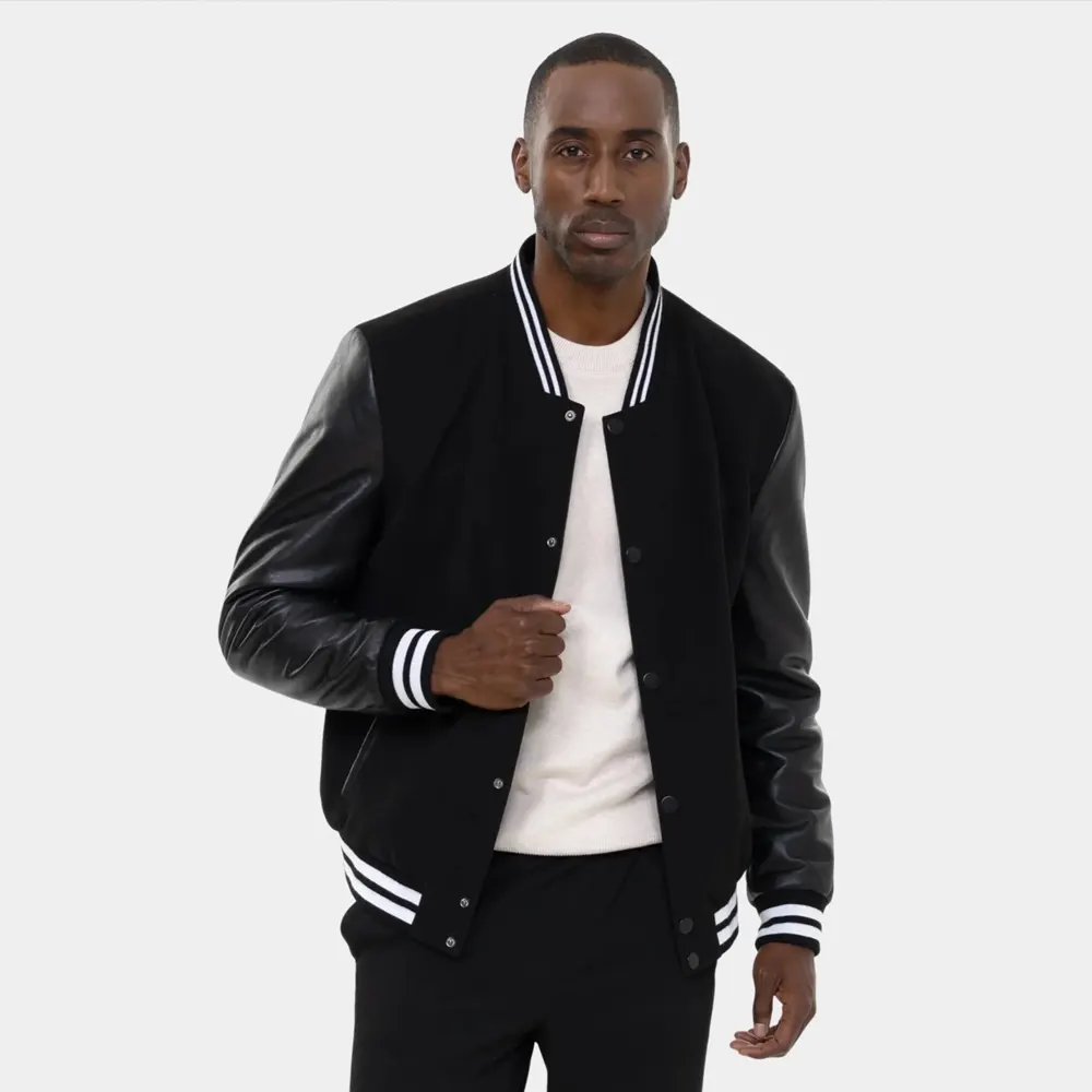Men’s Classic Black Varsity Bomber Jacket with Striped Ribbed Trim
