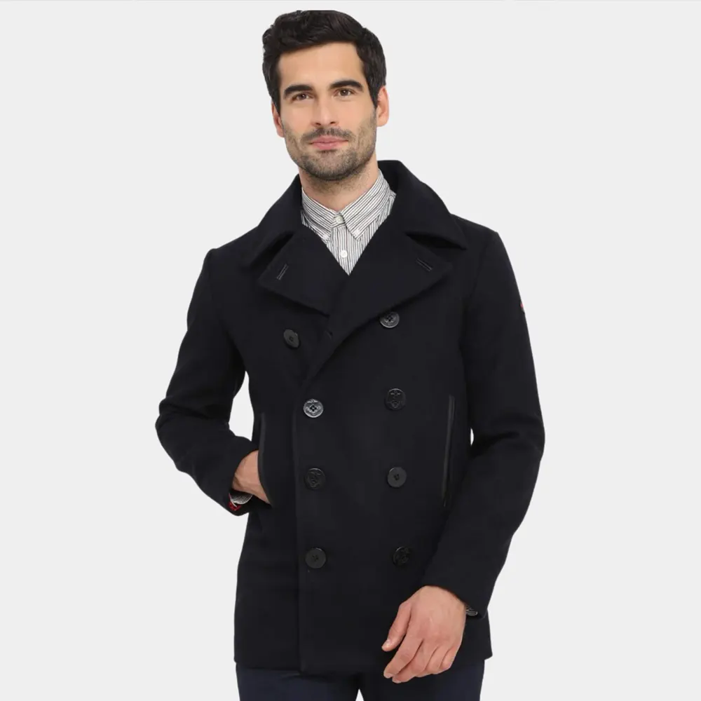 Men’s Classic Black Wool Blend Peacoat with Double Breasted Lapel Collar