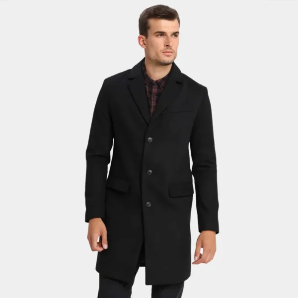 Men’s Classic Black Wool Blend Trench Coat with Button-Up
