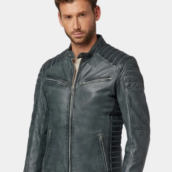 Classic Blue Leather Cafe Racer Jacket