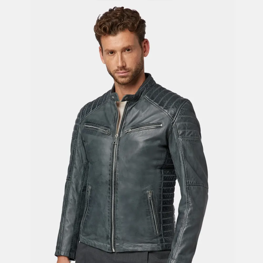 Men's Classic Charcoal Gray Leather Cafe Racer Jacket
