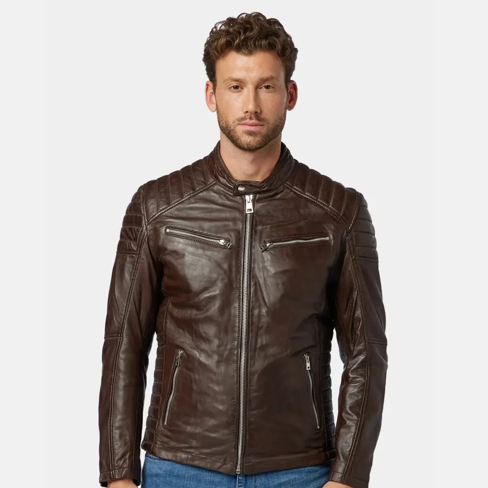 Men’s Classic Dark Brown Leather Cafe Racer Jacket