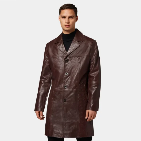 Men’s Classic Dark Brown Leather Trench Coat