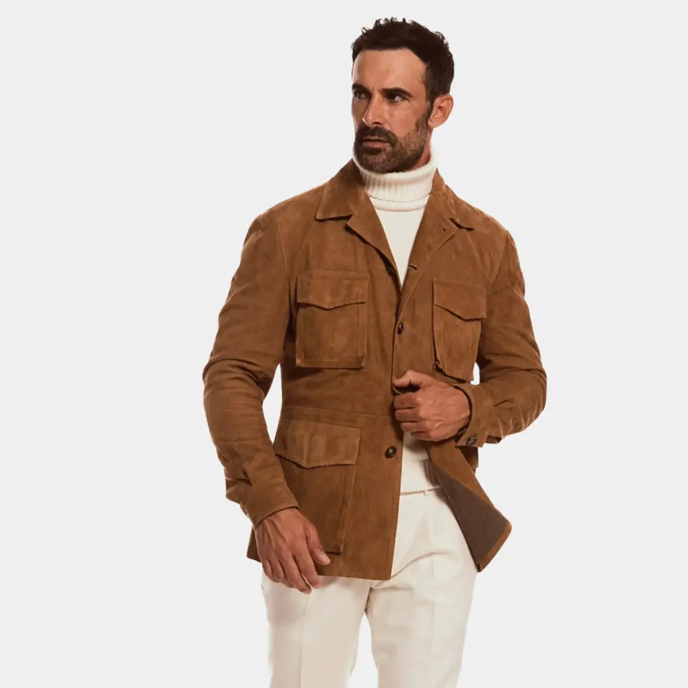 Men’s Classic Dark Brown Suede Leather Blazer with Multi Pockets