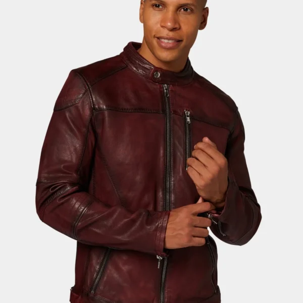 Classic Maroon Leather Cafe Racer Jacket