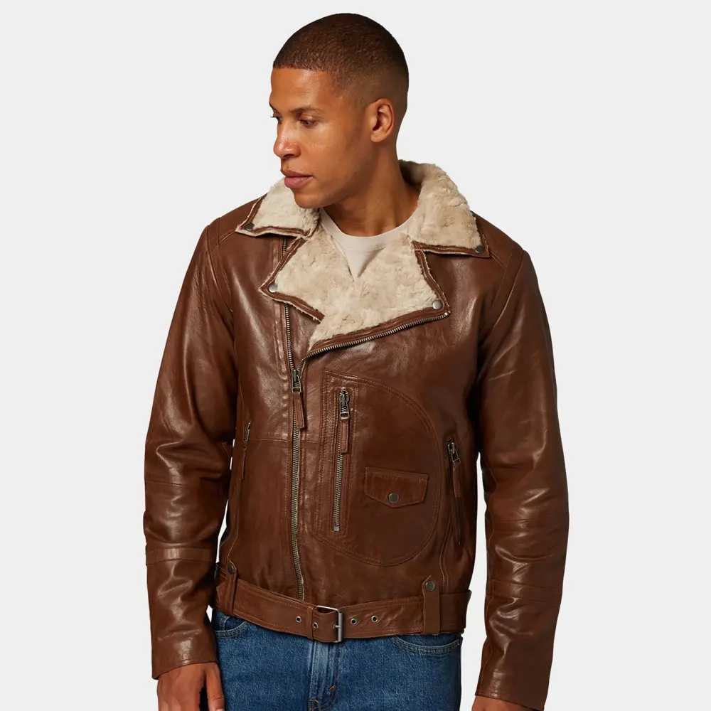 Men’s Classic Tan Leather Biker Jacket With Fur Collar